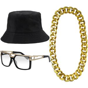 ONUPGO Hip Hop Costume Kit 80s/90s Rapper Accessories Bucket Hat Sunglasses Gold Chain Necklace Outfit for Men Women