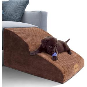 Topmart High Density Extended Foam Dog Ramp&Steps 2 Tiers,11.8" High,Non-Slip Dog Stairs,Soft Foam Pet Ladder with Waterproof Cover,Best for Injured,Older Cats,Pets with Joint Pain, Brown