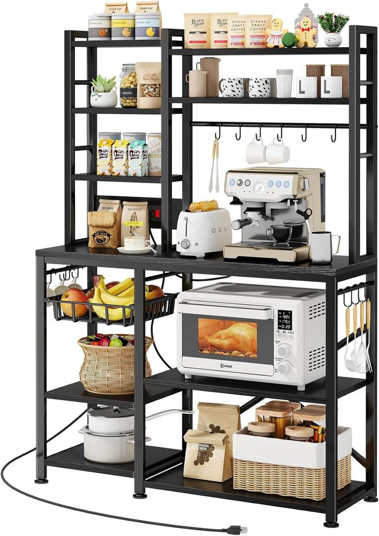 SNTD Baker Rack with Power Outlet - Microwave Stand with Storage, Large Coffee Bar Station with 14 Hooks, Metal Kitchen Shelf Rack for Spices, Pots (Rustic Black)