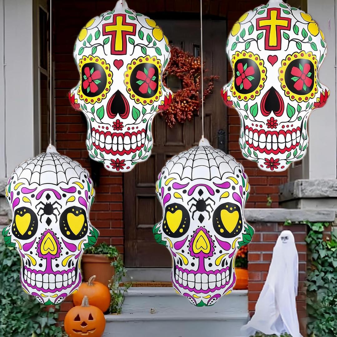 4Pcs 24" Dia De Los Muertos Decorations, Day of The Dead Decorations, Halloween Inflatables Sugar Skull Decoracion, Mexican Party Yard Outdoor Decorations