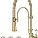 Antique High Arc Classical Single Handle Spring Kitchen Faucet with Pull Down Sprayer, Swiveling Commercial Kitchen Sink Faucets for Farmhouse, Vintage Sink Faucet, Brushed Gold