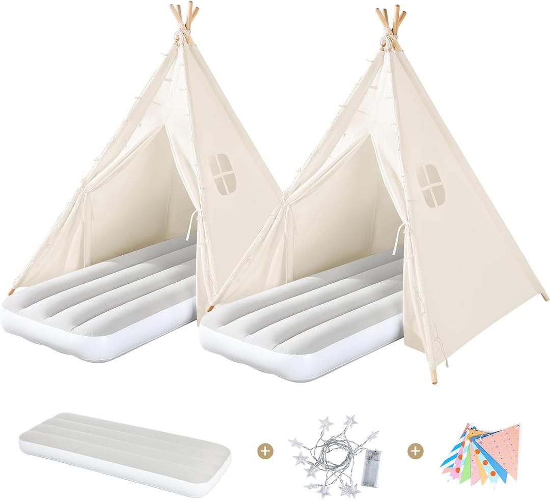 Sumbababy 2 Pack Teepee Tent for Kids Slumber Party - Sleepover Tents with Inflatable Airbeds, Natural Canvas Play Tent Indoor, Washable Fabric, Lights & Colorful Flags