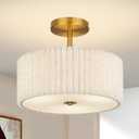 Mid Century Modern Semi Flush Mount Ceiling Light with Pleated Fabric Shade, 12.5 in Drum Gold Light Fixture with Lights, Beige White Linen Lamp for Bedroom, Living Room, Dining Room, Hallway