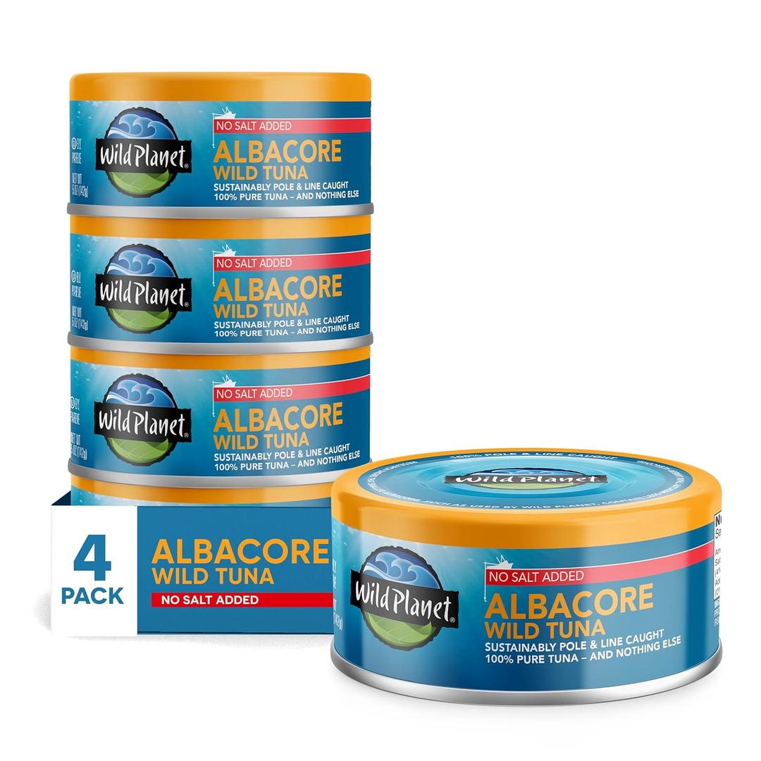 Wild Planet Albacore Wild Tuna, No Salt Added, Canned Tuna, Pole & Line Caught, 5 oz, Pack of 4, Expiry: 11/17/28