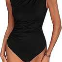 SweatyRocks Women's Mock Neck Ruched Bodysuit Sleeveless Solid Casual Jumpsuit Tops (Black, Large)