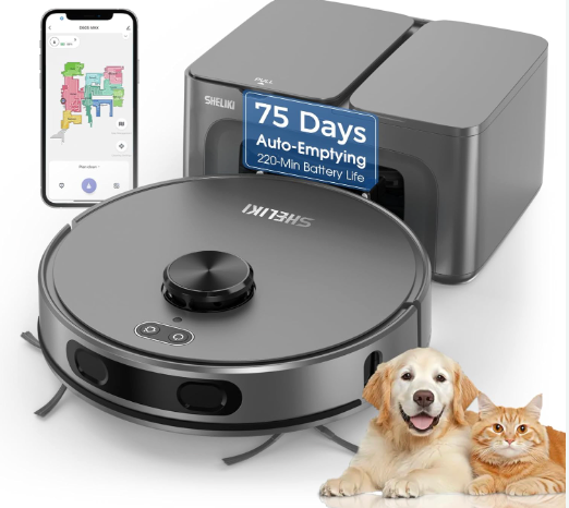 SHELIKI Robot Vacuum and Mop, 3-in-1 Robotic Vacuums Cleaner with LiDAR Navigation Smart Mapping & Max Strong 6000Pa Suction, Self Emptying Bases for 70 Days-Black