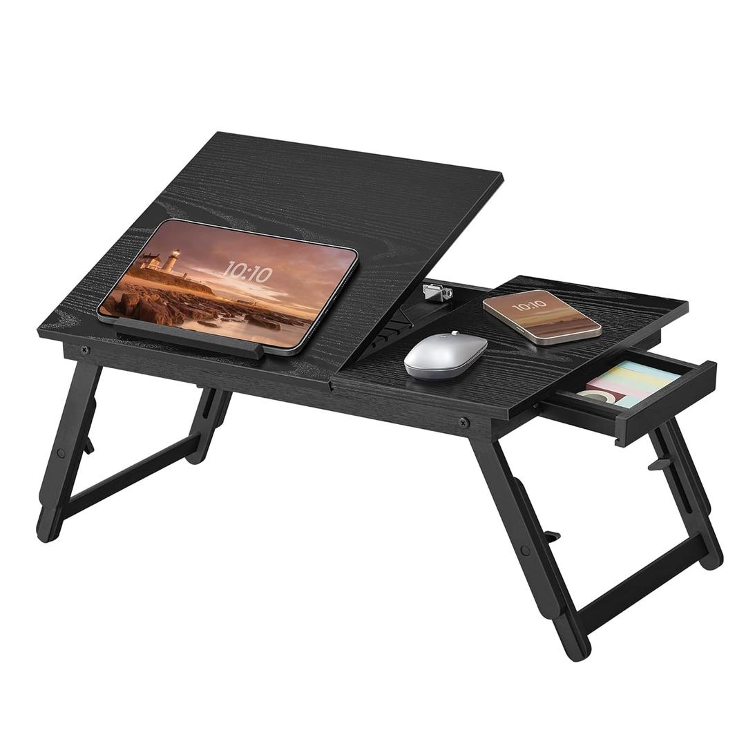 SONGMICS Bed Laptop Desk, Folding Bed Tray for Laptop up to 15.6 Inches, Adjustable Angle and Height, Portable for Working Reading Writing Breakfast, Bamboo Legs, Drawer, Ebony Black ULLD105BE01