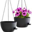 WOUSIWER Self Watering Hanging Planters, 2 Pack 12'' Plastic Pots with Drainage Holes & Reservoir Tray (Black) | Indoor & Outdoor Use for Ferns, Ivy, Herbs, Succulents