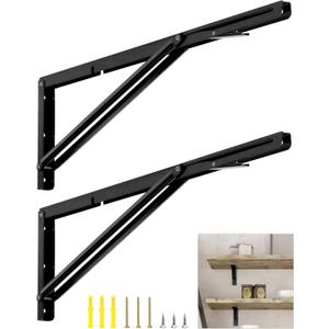 QWORK 24" Heavy Duty Folding Shelf Brackets for Wall Mounted Folding Tables Benches Shelves, Max Load 330lbs, 2 Pack Iron Bracket with Black Finish