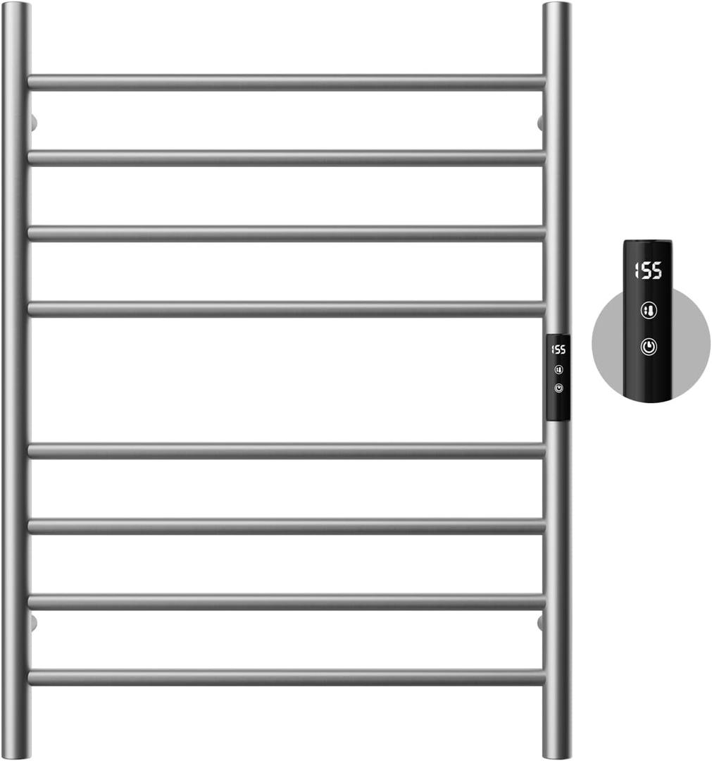 POPFLY Large Bathroom Towel Warmer with Timer & Temperature Multi-Level Adjustments, Wall Mounted Electric Heated 8 Bars Rail 304 Stainless Steel Electric Towel Rack, Brushed
