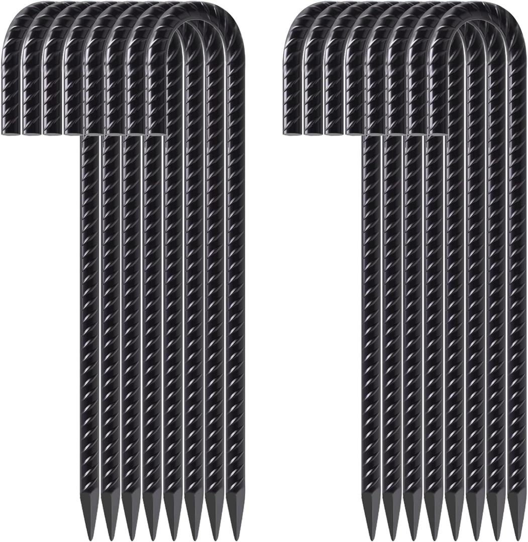 FEED GARDEN 12 Inch 16 Pack Rebar Stakes Heavy Duty J Hook, Galvanized Ground Stakes Tent Stakes Steel Ground Anchors, Chain Link Fence Stakes, Trampoline Stakes, Black