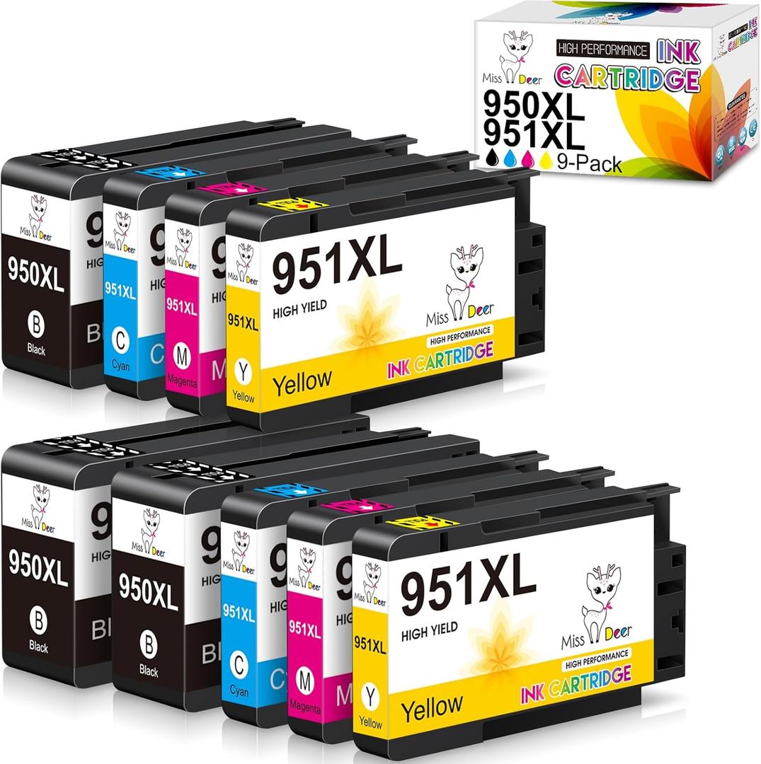9-Pack 950 951 Ink Cartridges Combo Pack Upgraded XL Miss Deer Compatible Replacement for HP 950XL 951XL for Officejet Pro 8600 8610 8100 8615 8620 251dw Printer (3 Black, 2 Cyan, 2 Magenta, 2 Yellow)