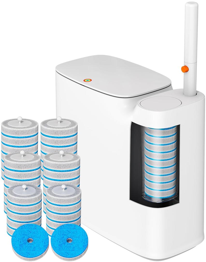 CTIME Bathroom Trash Can Set - Narrow White Plastic Small Trash can, a Toilet Wand, Toilet Brush Holder and 36 Refills, 2 Gallon Trash can with pop-up lid, Suitable for bathrooms and Small Toilets.