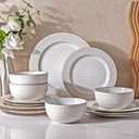 GBHOME Ceramic Dinnerware Sets, 12 pcs Embossed Elegant Stoneware Plates and Bowls Sets, Housewarming Wedding Gift | Dishwasher & Microwave Safe | Dishes Set Service for 4 (Pearl White-Diamond)