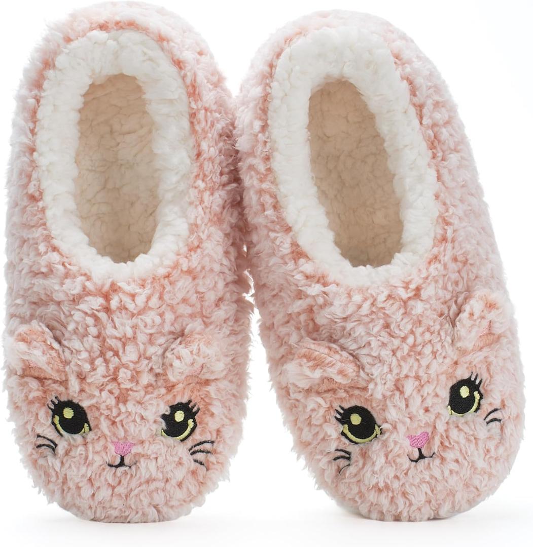 Cozylook Cute Animal House Slippers - Fuzzy Warm Bedroom Slipper Socks Non-Slip Grippers with Funny Face Designs, Fun Christmas Gifts Unique (9-10, Pink Cat)