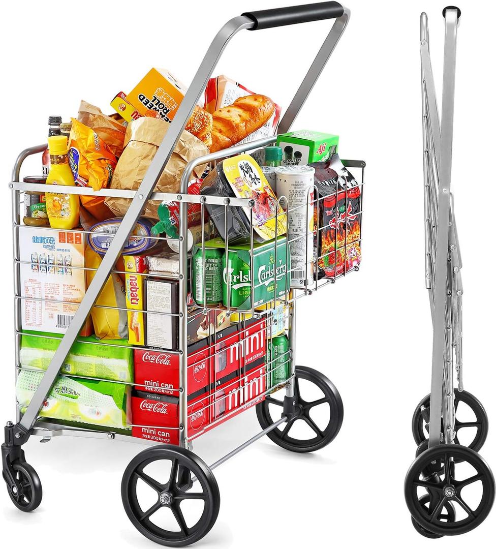 Wellmax Folding Grocery Cart with Wheels, Heavy Duty Metal Utility Cart with Mesh Bottom, Extra Rear Basket, 160 lb Capacity, Dual Swivel Wheels, Foldable Trolley for Groceries & Laundry