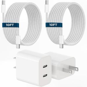 iPhone 17 16 15 Charger, 2Pack PD Dual USB C Charger Block Fast Charging Wall Charger Plug with 10FT Long USB C to C Charger Cord Woven Cable for Apple iPhone 17/16 Pro Max/16 Pro/16/15 ProMax/15/iPad
