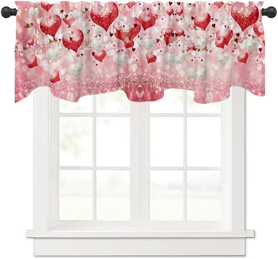 54x18 Inches Pink Red and White Love Balloon Valentine's Day Window Treatment Valance Gold Ribbon Flashing Love Sequins Kitchen Dining Room Decorations Supplies