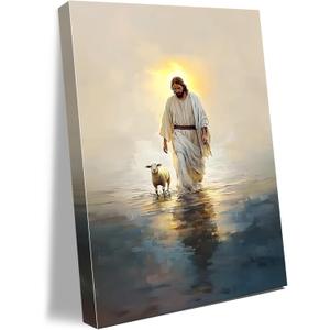 Jesus Walking on Water Canvas Wall Art with Lamb Jesus Picture for Wall Christian Painting Poster for Living Room Bedroom Dining Room Church Decor 16 * 24 IN(Stretched Canvas on A Wooden Frame)