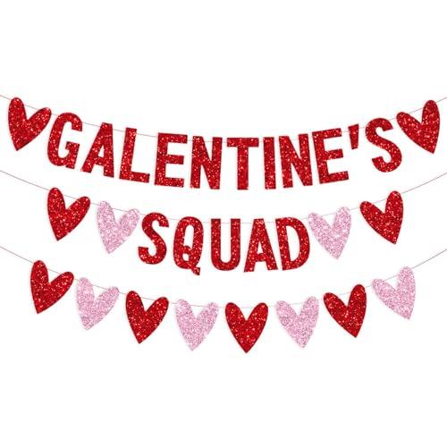 3 PCS Galentines Day Decorations Galentines Squad Banner with Love Heart Garland, Glitter Happy Galentine’s Day Banner Galentines Day Party Decor for Ladies Girls Friends Valentines Day Party Decor