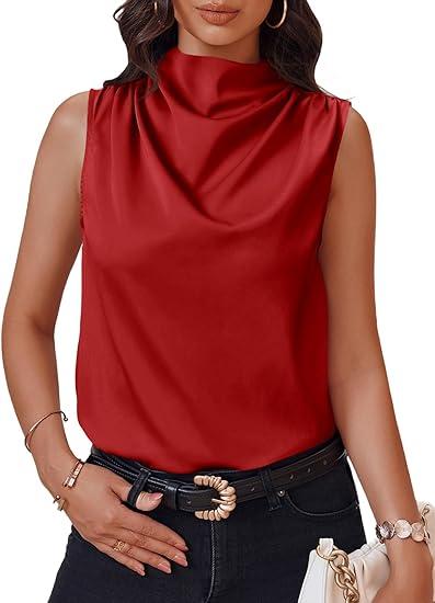 Cicy Bell Womens Mock Neck Satin Tank Tops Business Casual Work Ruched Blouses Summer Corporate Outfits (Red,Medium)