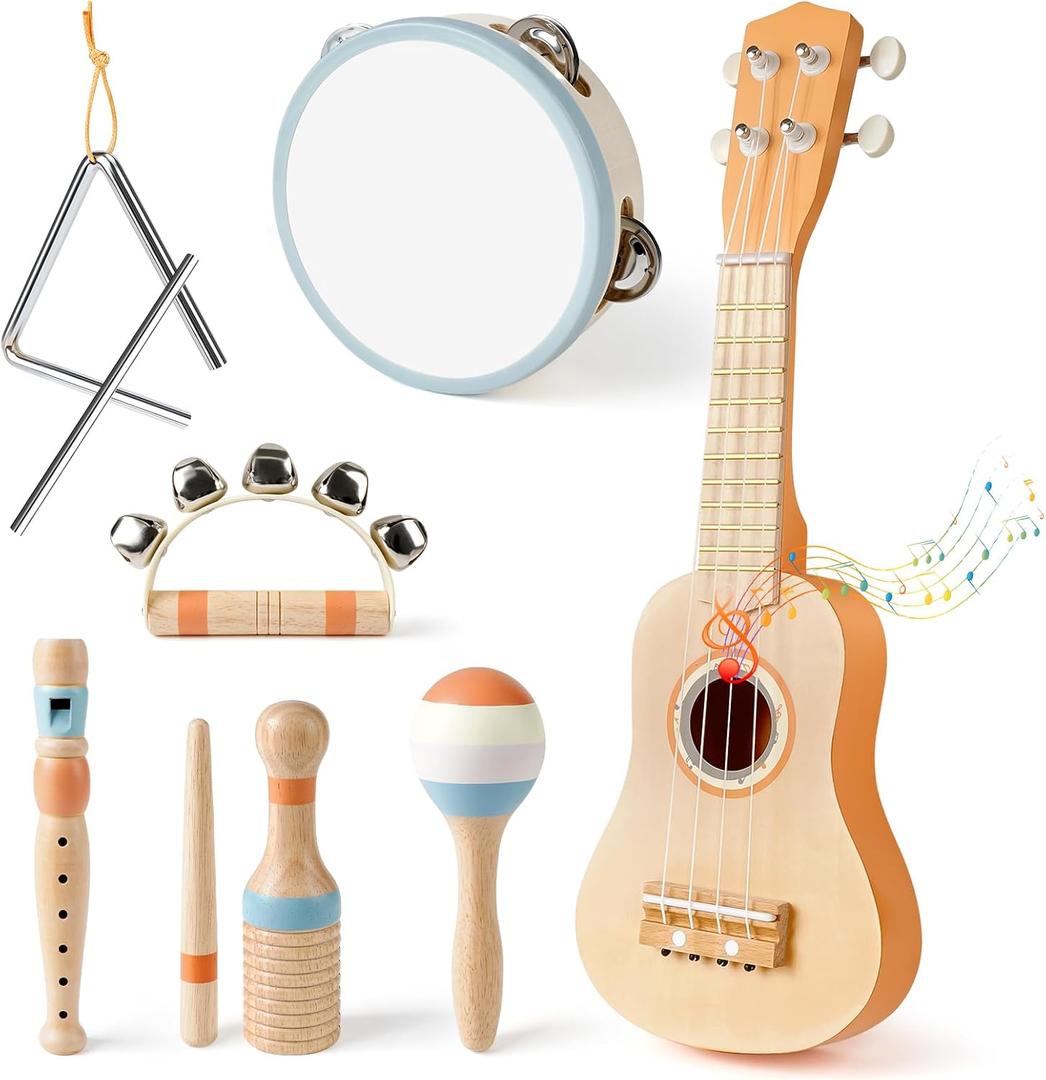 Vanplay Kids Guitar Set - Montessori Toys for 2 3 Year Old Boy Girls Birthday Gifts, 7 in 1 Musical Instruments for Toddlers 2-4, Band Sets with Ukulele/Flute/Tambourine/Maracas Toys for Kids 3-5