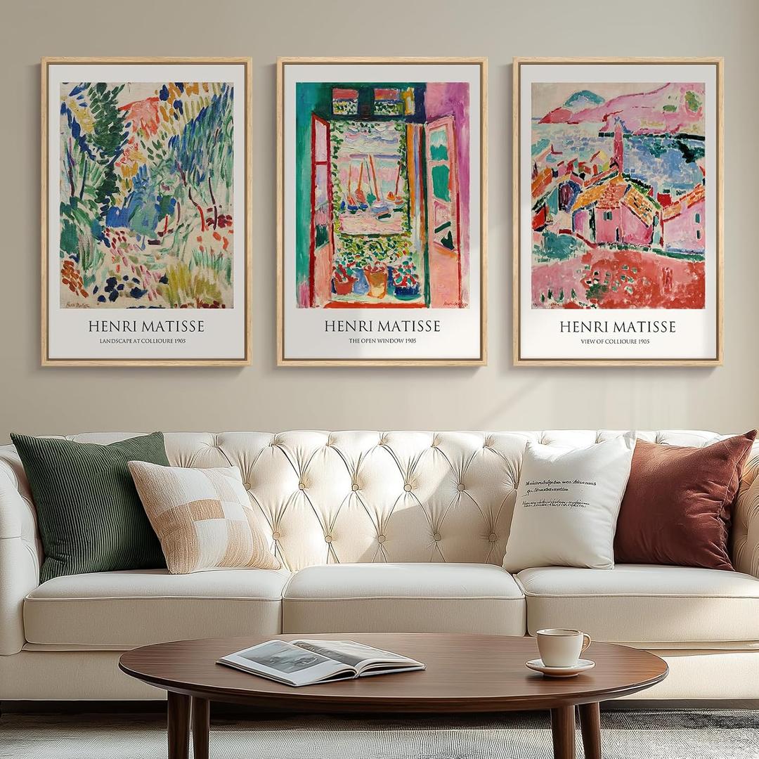 Framed Matisse Wall Art, 3 Piece Large Canvas Abstract Art Prints for Living Room, Henri Matisse Famous Landscape Painting Picture - Total Size 30x60, 20"W x 30" H x 3Pcs