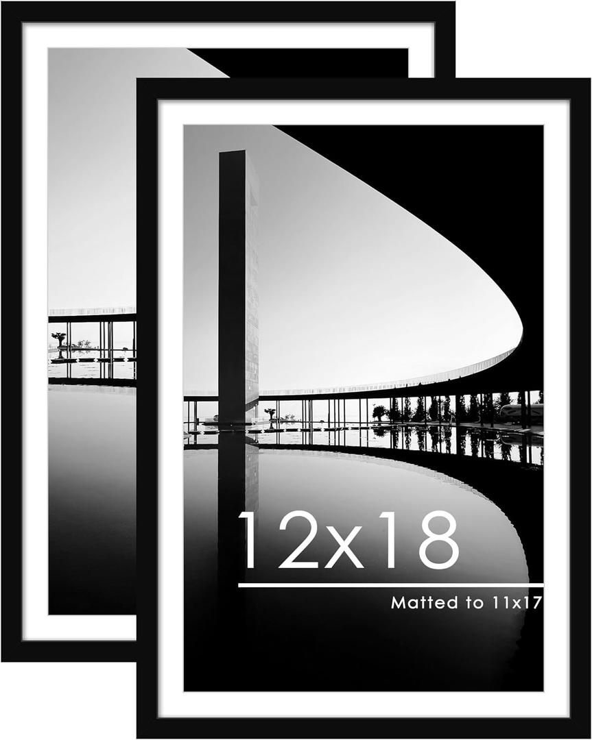 PEALSN 12x18 Picture Frame Set of 2, Display Pictures 11 x 17 with Mat or 12 x 18 without Mat for Wall Mounting Display, Poster Frames, Black