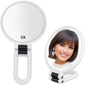 1X 5X Handheld Mirror with Handle for Travel Magnifying Mirror, Magnification, Rotation Adjustable Handle, Double Sided Folding, Mirror for Women for Eyes Makeup Travel Shaving (White)