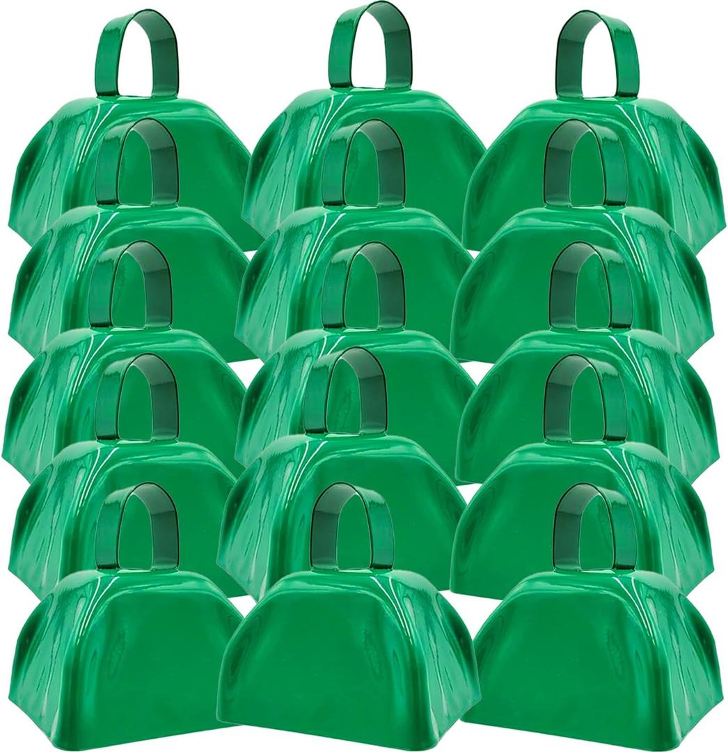 15 Pack Metal Cowbells 3 Inch Green Cow Bells Noise Makers Loud Cow Bell with Handles, Small Cowbell Hand Percussion Cowbells for Sporting Events, Cheering, Football Games, Weddings