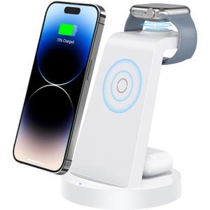 3 in 1 Charging Station for Apple Device, Wireless Charger for iPhone 16 15 14 13 12 11 Pro Max & Apple Watch iwatch- Charging Stand Dock for AirPods (White)