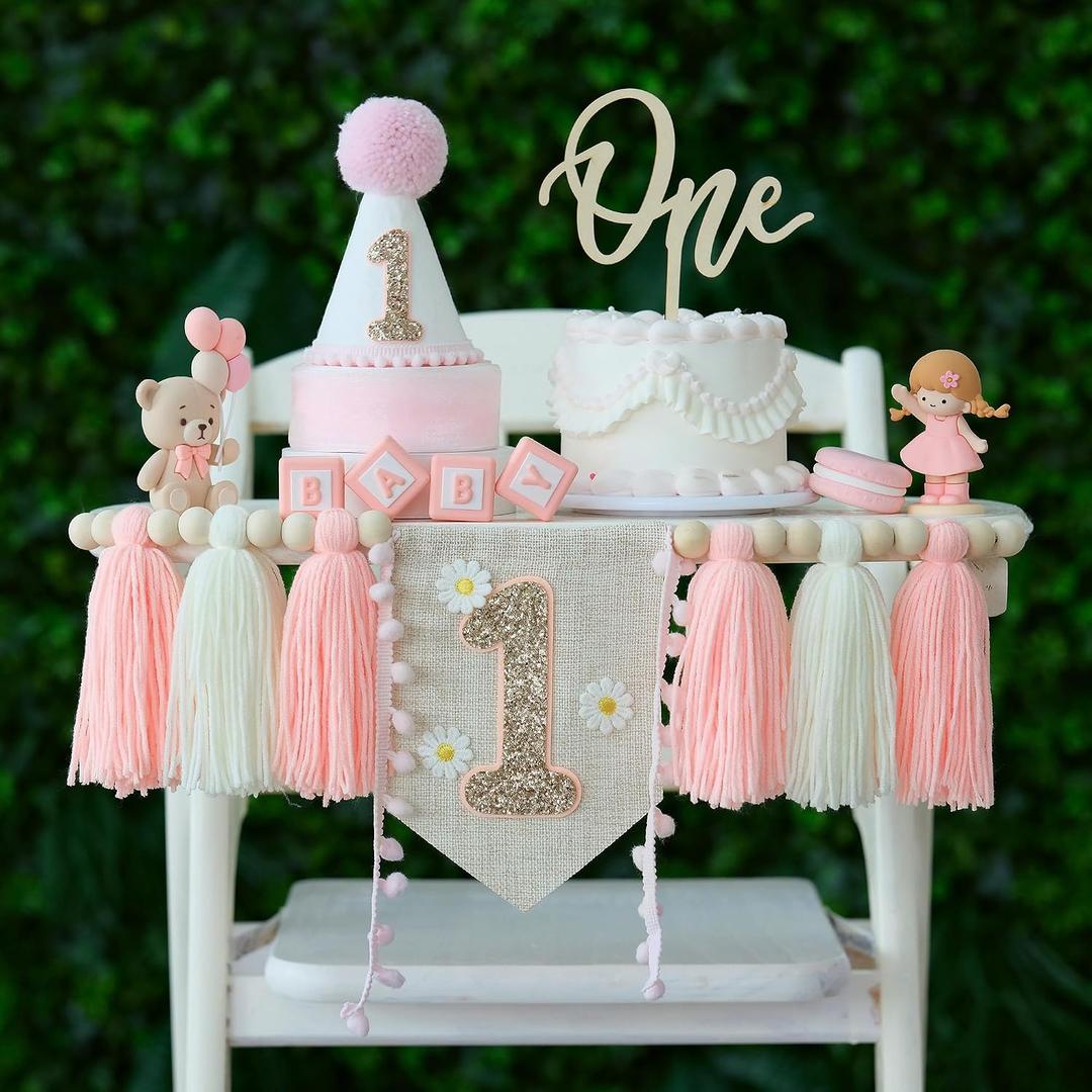 DCJHFJ 1st Birthday Decorations Girl Boho Daisy Pink High Chair Banner with One Cake Topper 1st Birthday Hat for One Year Old Photoshoot Props