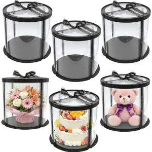 6 Pack Clear Cake Box with Ribbon, Round Transparent Tierd Cake Carrier, 10x10x9 inches Black Bakery Gift Boxess for Pastries with Lid and Black Board, Display Wedding Gift Packaging
