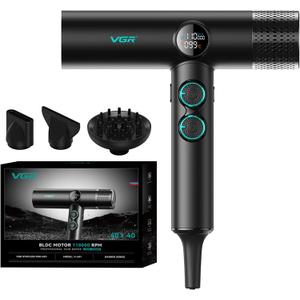 VGR 401 Negative Ionic Hair Dryer, Professional BLDC Motor Blow Dryer for Fast Drying, LED Display Low Noise Thermo and RPM-Control Hairdryer, Travel with Magnetic 1 Diffuser & 2 Nozzle, Black