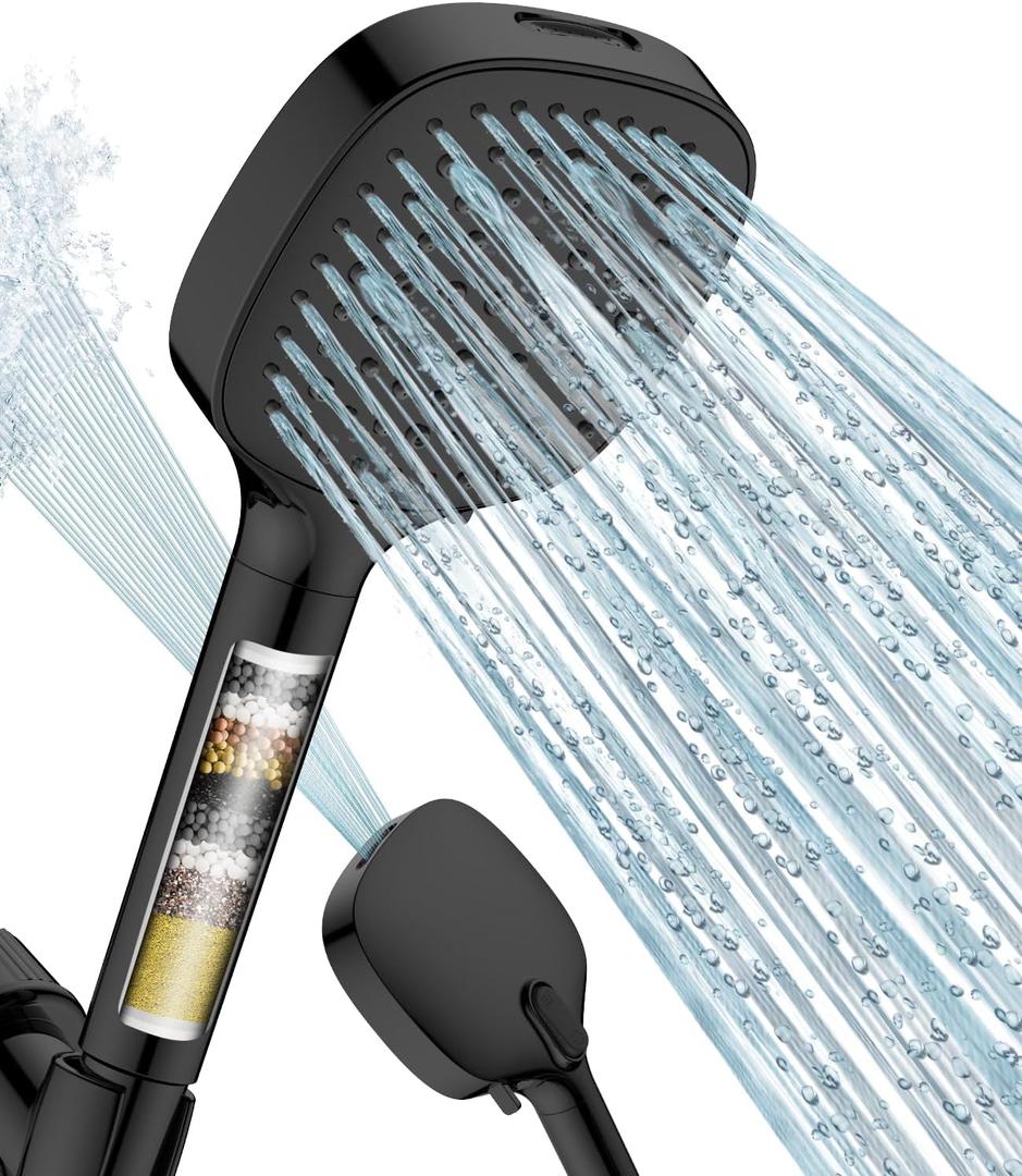 MakeFit Filtered Shower Head with Handheld, 7 Modes High Pressure Handheld Showerhead with Filters, Detachable Shower Heads Water Softener Filters Beads for Hard Water - Remove Chlorine & Heavy Metals (Black)