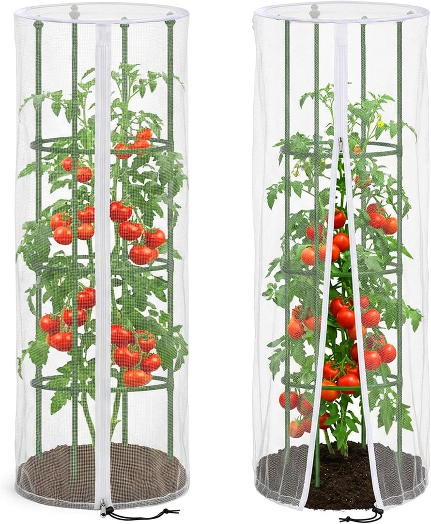 2 Pcs Garden Bird Netting Cover for Round Tomato Cage, 59" x 18" Tomato Trellis Insect Barrier Protection Mesh, Plant Cage Garden Net Cover with Zipper for Vertical Climbing Plants Vegetables Fruits