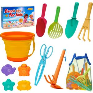 Beach Toy Set for Kids Sand Toys Summer Outdoor Play with Mesh Bag-Includes Collapsible Bucket, Mesh Shovel, Sand Shovel,Scissors Pliers,Rake Mold Kit