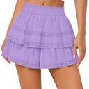 MIYIEONZ Women's Flowy Summer Shorts for Women Lace Layered Ruffle Pleated High Waist Mini Skirts Casual Swing Small Purple Beach Skorts
