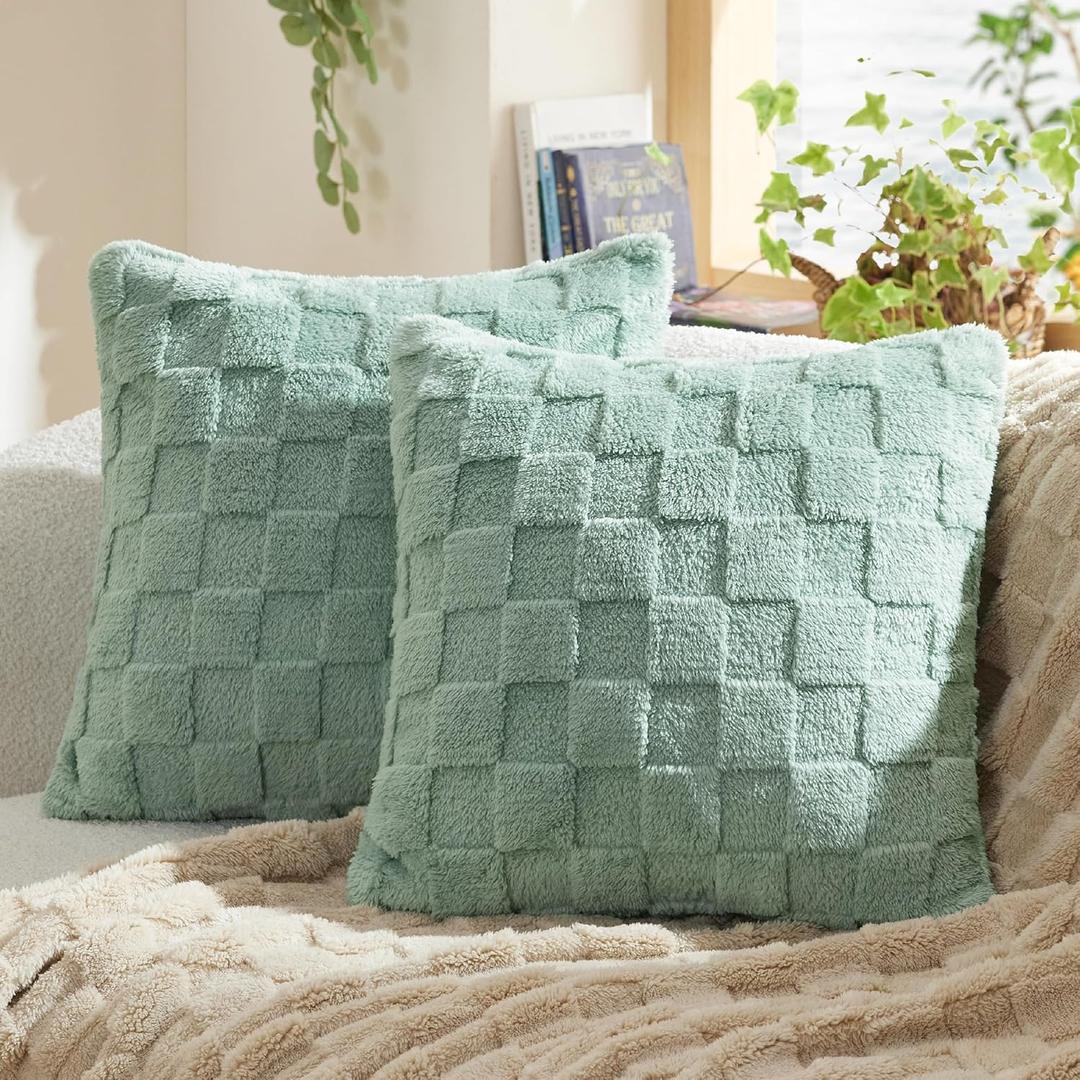 Bedsure Sage Green Throw Pillow Covers 18x18 Set of 2, Soft Decorative Fluffy Checkered Spring Sofa Pillow Covers, Home Decor for Living Room Couch Bed