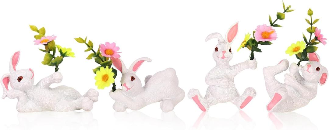 Set of 4 Easter Bunny Decorations, Small Spring Rabbit Flower Table Figurines, for Home Indoor Party Holiday Farmhouse Summer Decor