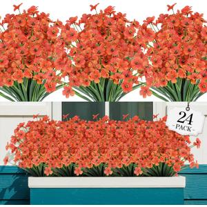 AGIRL 24 Bundles Artificial Fall Flowers Outdoor Indoor Decoration,Fake Plastic Flowers,Faux Mums Plant for Thanksgiving Fall Decor,for Hanging Outside Garden Front Door Porch Patio Window Box (Orange)