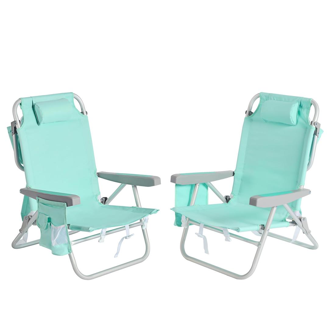 SUNNYFEEL Low Beach Chair 2 Pack, 5-Position Lay Flat Reclining, Backpack Portable Folding Chairs with Cooler Bag & Cup Holder, Heavy Duty 350 LBS, Compact for Beach, Camping, Travel