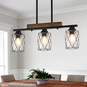 3Light Dining Room Light Fixture/Chandelier Over Table, Island Lighting Hanging for Farmhouse Linear Chandeliers Matte Black Rustic Wood Ceiling Pendant Light Fixtures, with Clear Glass Shade