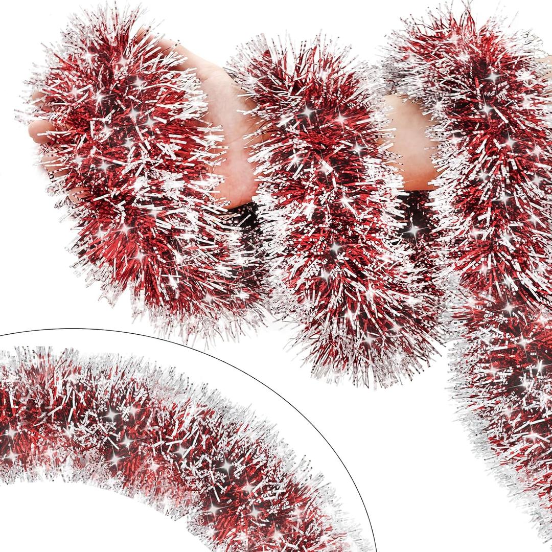 33FT Red Tinsel Christmas Garland Metallic Twist Shiny Garland for Christmas Tree Decorations, Xmas Holiday Hanging Garland for Home Indoor Outdoor Party Supplies Decor (Red)