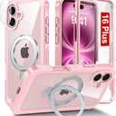 Oterkin Magnetic for iPhone 16 Plus Case Compatible with MagSafe [Foldable Stand][HD Camera Lens Protector][Built-in Touch Sensitive Glass Screen Protector] 15FT Military Full Body Rugged Case (Pink)