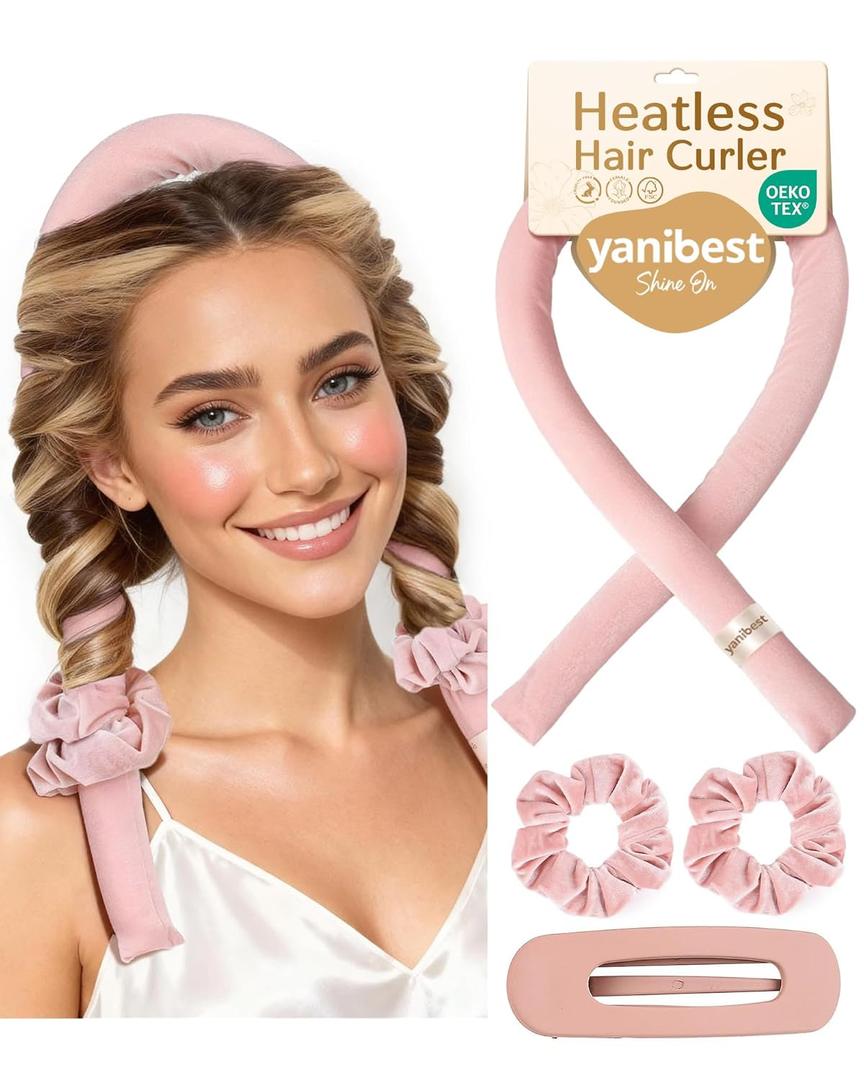 Yanibest Heatless Hair Curler to Sleep in, Overnight Curl Headband for Natural Wavy Curls, No Heat Soft Hair Curler Set with Hair Clip Scrunchies for Styling, No Slip Heatless Curls (Pink)