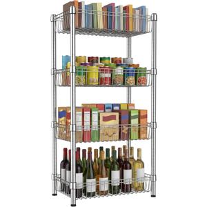 4 Tier Basket Shelf Wire Shelving Unit Adjustable Metal Storage Rack Storage Shelving Standing Shelf Units Heavy Duty Organizer for Pantry Kitchen Bathroom Closet Laundry Utility Room 14"Dx24"Wx47"H, 4-Tier-Silver[14" D x 24" W x 47.25" H]