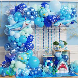 Under the Sea Party Decorations 156Pcs Blue Green Shark Balloon Arch Garland Kit with Shark Clownfish Foil Balloons for Shark Week Ocean Animals Theme Kids Boys Birthday Party Baby Shower Supplies