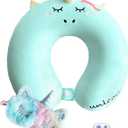 Neck Travel Pillow for Kids, Unicorn Airplane Memory Foam Pillow with Cute Sleep Mask & Earplugs, Lightweight Travelling Sleeping Pillow Set for Car, Train, Bus and Home Use (Blue)