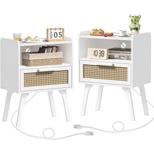 Lerliuo Rattan Nightstands Set of 2 with Charging Station, White Bedside Table with Drawer Open Shelf, Cane Accent Side End Table with Solid Wood Legs, Night Stand for Bedroom, Dorm and Small Spaces